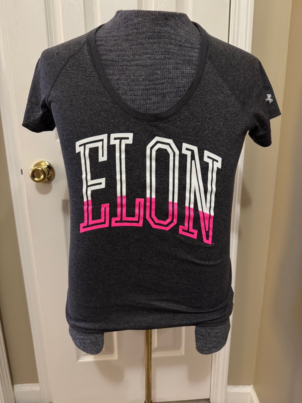Elon University Under Armour Dark Gray V-Neck Graphic Tee with Pink Accents